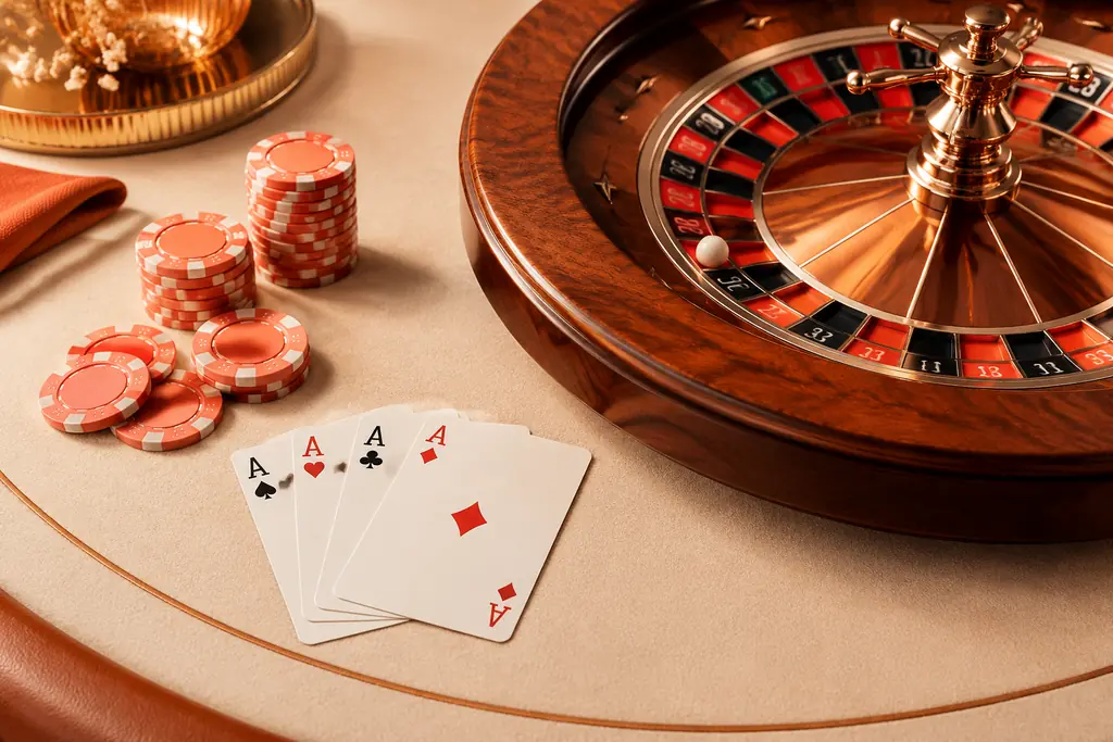 Ilustrasi ruang kasino koral dengan meja roulette dan susunan kartu