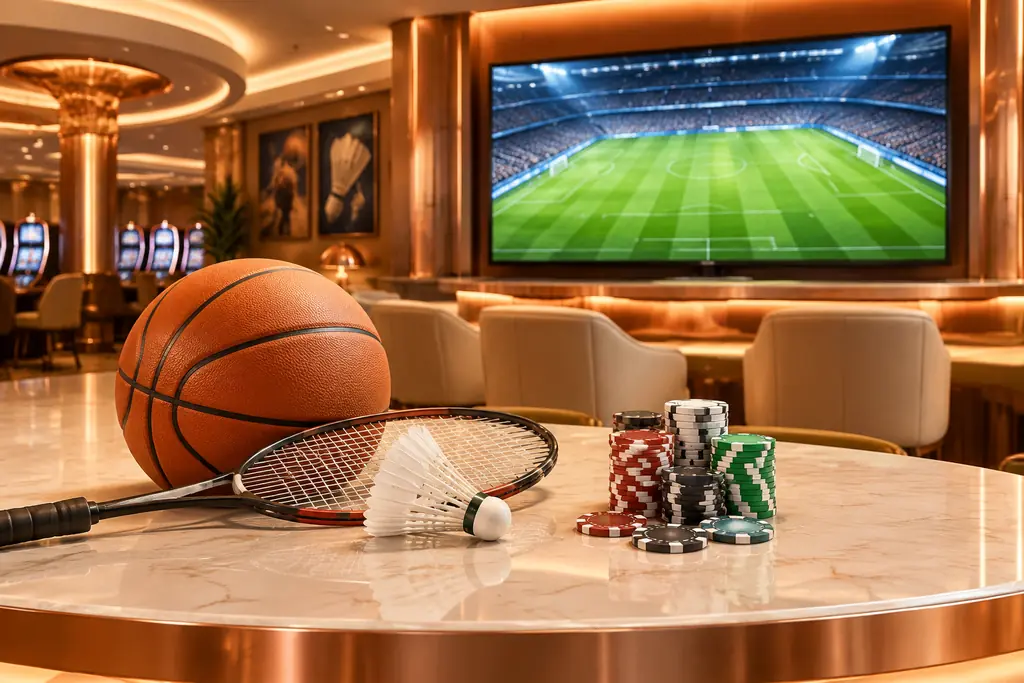 Ruang sportsbook kasino dengan layar lapangan sepak bola, raket bulu tangkis, dan bola basket