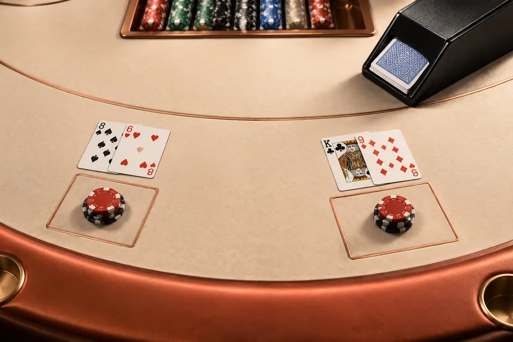 Meja blackjack kasino dengan dua tangan kartu dan chip tertata